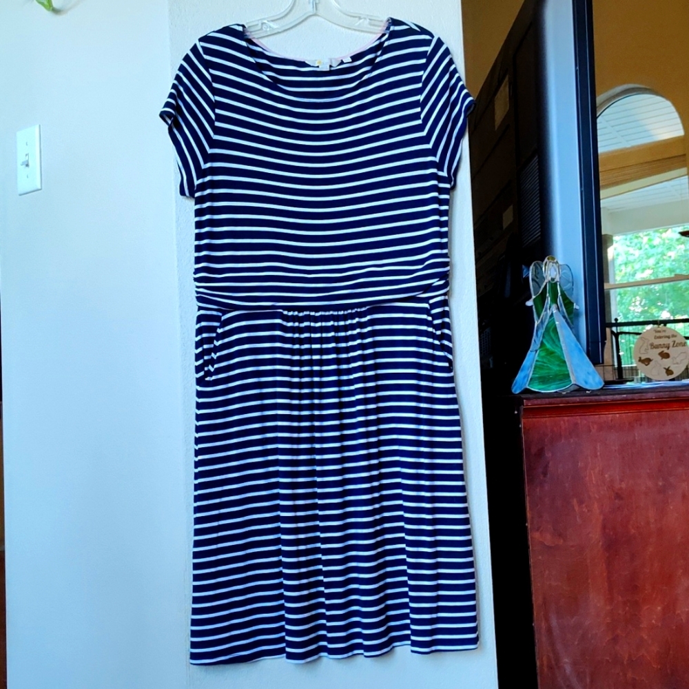 Boden Dress Womens 12 Petite Navy Blue/White  Amelie Jersey Midi Pockets Casual